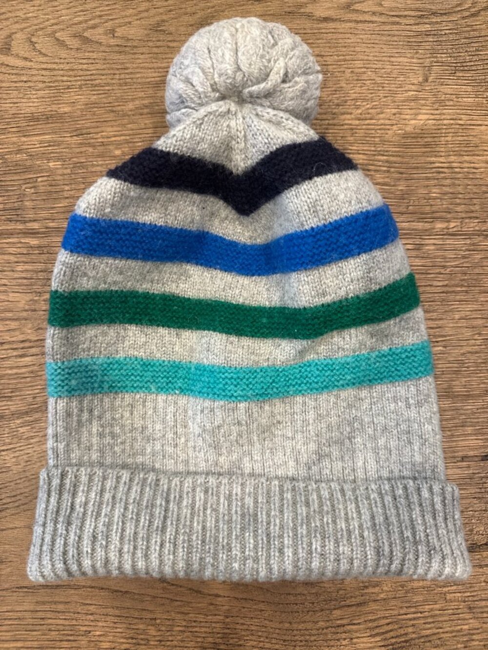 Crewcuts Kids Striped Pom Pom Beanie Gray Blue Green Hat L/XL